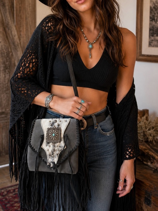 Trinity Ranch Handbags - Boho Black Suede Fringe Crossbody with Turquoise Concho